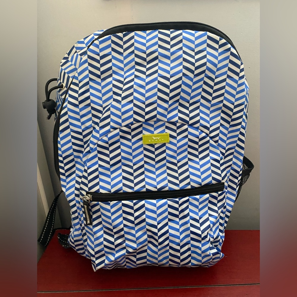 Blue and white Scout backpack. Waterproof.